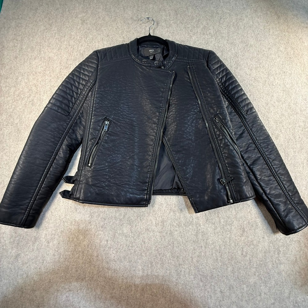 Mango Suit Womens Black Faux Leather Moto Biker Jacket Quilted Size XXS XS